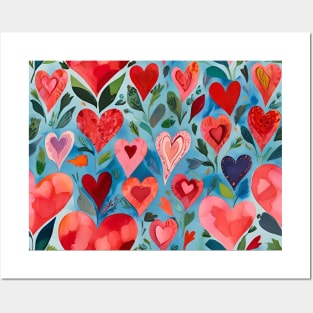 Colorful Watercolor Red And Pink Hearts Pattern Posters and Art